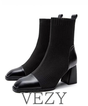 ソックス風ブーツ 太ヒール ショートブーツ ショート丈 ミドルヒール 合皮 秋冬 ブラック 大人 オルチャン 疲れない おしゃれ 歩きやすい 靴 shoes シューズ ベジー VEZY ItemNo.【20215728 】
