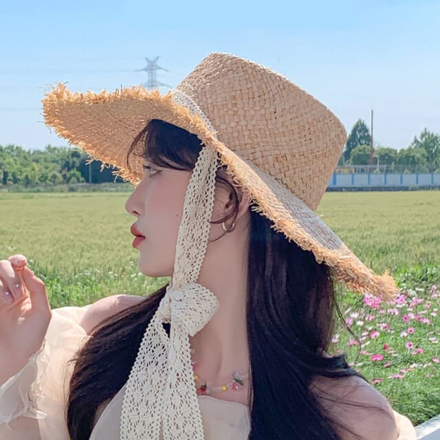 麦わら帽子 ストローハット レディース レース リボン ツバ広 天然素材