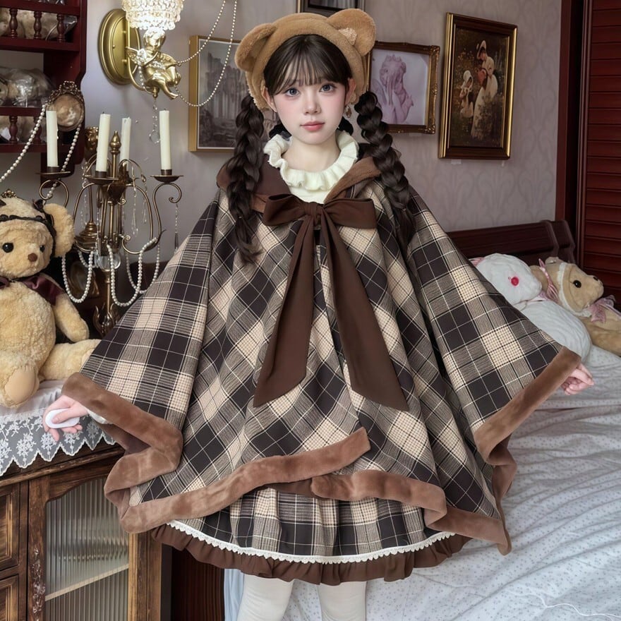 小さな探偵 チェック柄 3点セット クラロリ リボン キャラメルココア ワッフルケープ フード付き