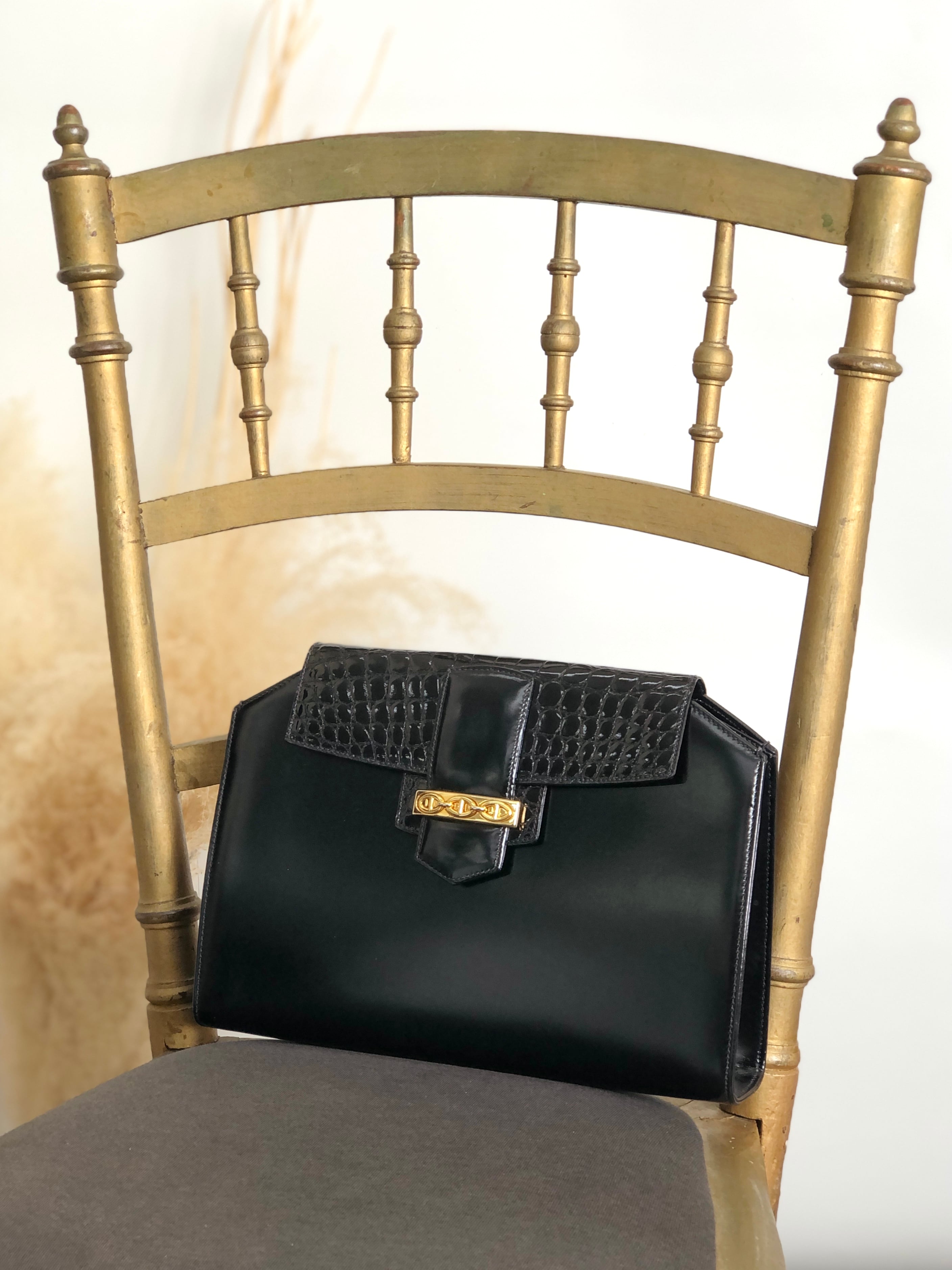 ◯GUCCI グッチ　クロコ型押し　ホースビットビンテージ◯ GUCCI グッチ クラッチバッグ ブラック ホースビット レザー クロコ型