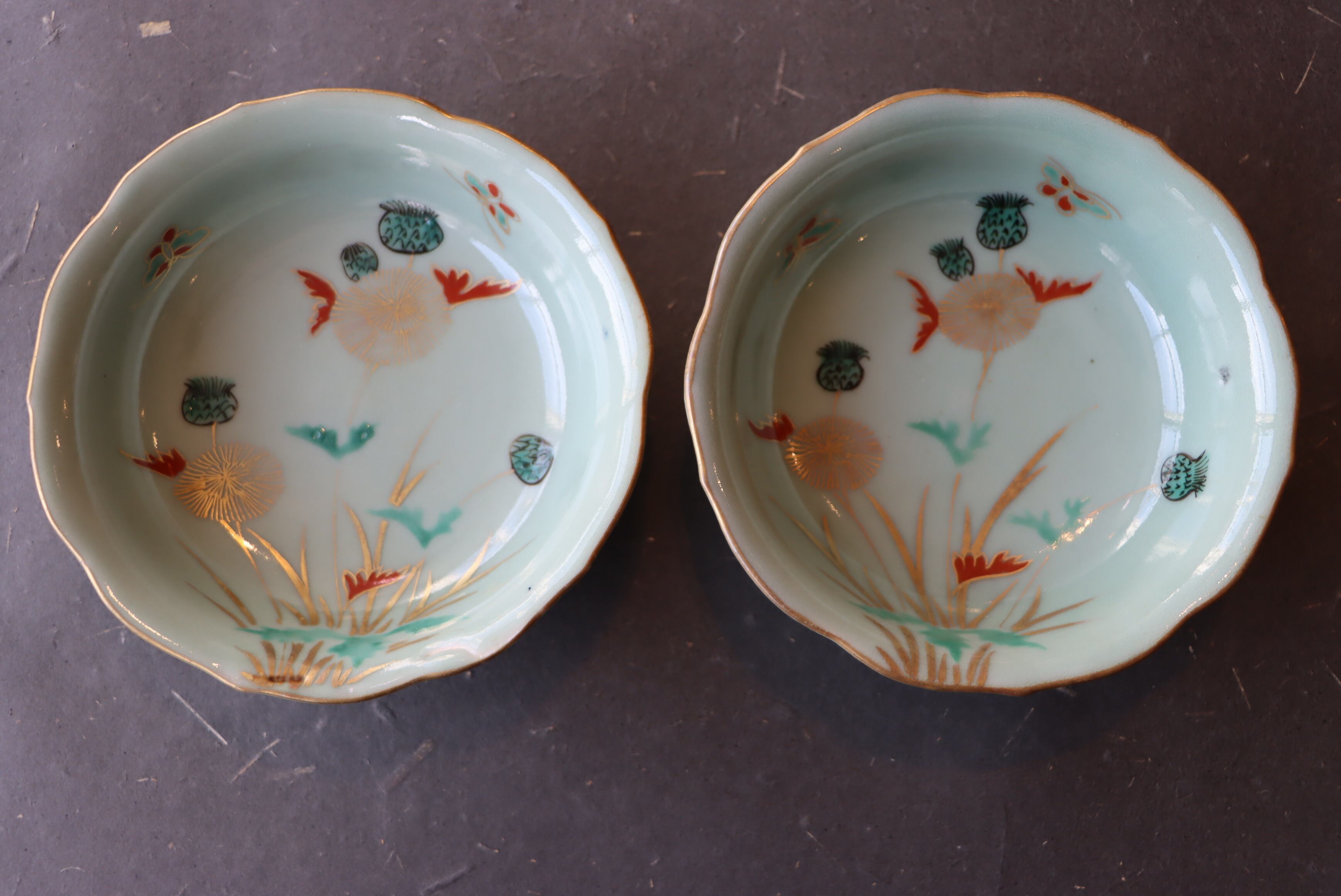 古伊万里 青磁 たんぽぽに蝶文 向付 五客組/Old Imari cup set of 5