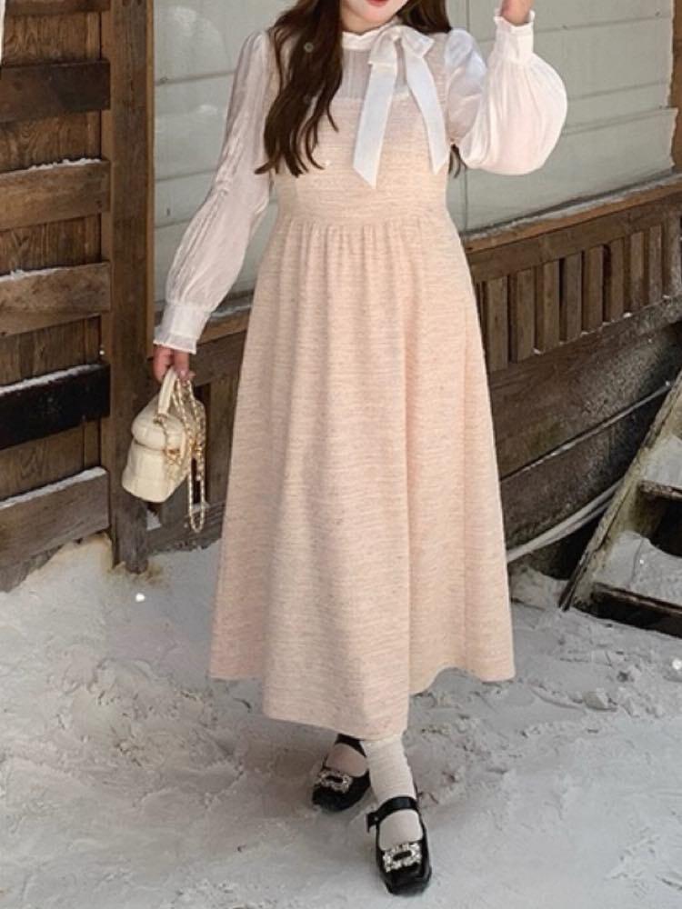 淡いミックスカラーが大人可愛い ブラウスドッキングツイードワンピース お洒落 大人可愛い ツイード シャーベットカラー 上品 リボン お呼ばれ オケージョン 体型カバー 大きいサイズ 韓国 CH11550