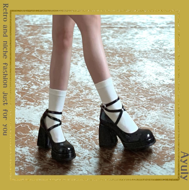 レトロワンラインバックルストラップハイヒールシューズ　25588