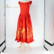 フラダンス 衣装 CC Fashions CCファッション ワンピース ドレス レッド系 ハワイ製 フリル レフア柄 かわいい 華やか 鮮やか 明るい 赤 橙 黄 ハワイアン アロハ ハワイアンプリント フラ ダンス レッスン 練習 オレンジ系 イエロー系