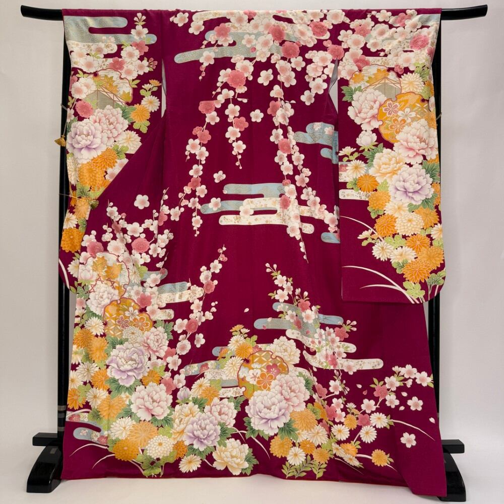 振袖 中古 ピンク 紫 正絹 古典 裄68.6cm 身丈171.6cm 美品 L サイズ 成人式 6730