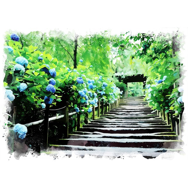 絵画(風景画) 日本 神奈川県 明月院のあじさい インテリアアート額付き 水彩画・油絵調 WAT1334