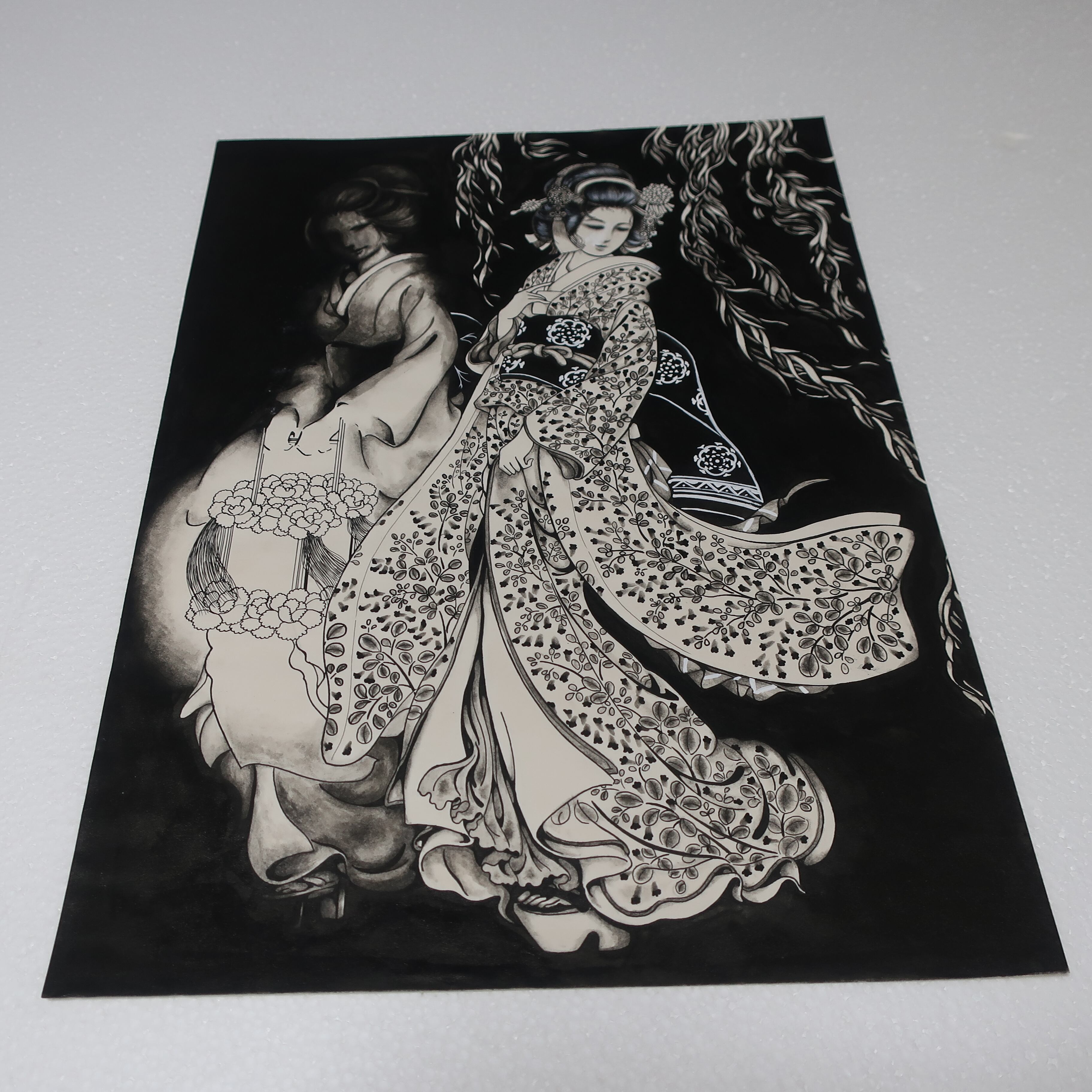 原画『表裏 - HYŌRI -』鬼面 美男子 墨絵 和風アート 画仙紙 一点物 H000001 牡丹燈籠の手書きの墨絵 | 七福堂