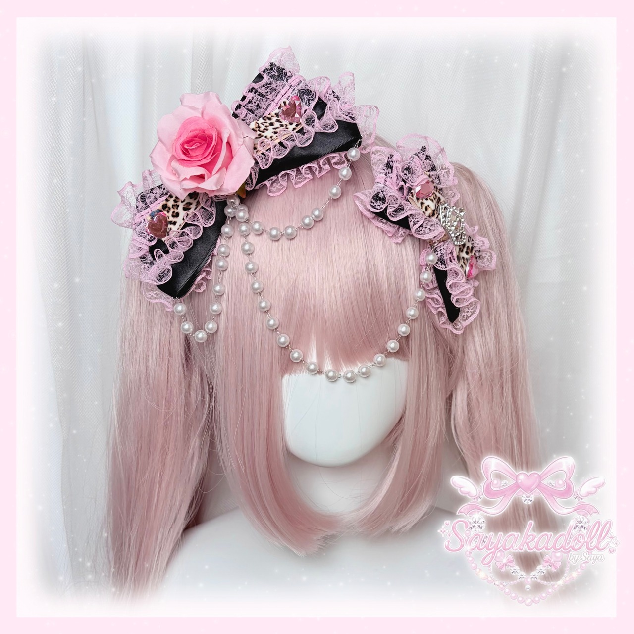 ♡【全5色】姫GAL 薔薇付き パールチェーンフリルリボンヘアクリップ vivid pink ♡