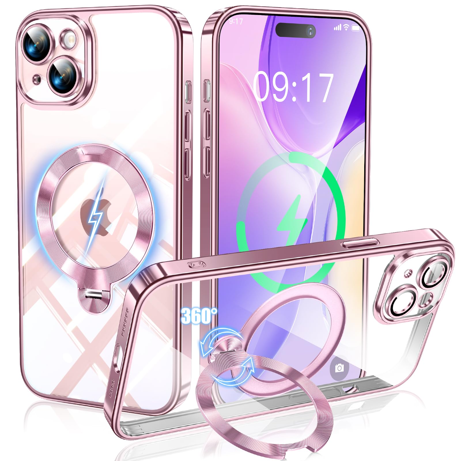 iPhone 15用 ケース メッキ加工 一体型カメラ保護 360°回転CD紋様スタンド MagSafe対応 ストラップホール付き ピンク