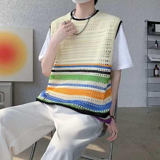 45R ノースリーブ　ニットベスト　サマーニット　刺繍　ボーダー　日本製　麻 予約販売】サマーニット ノースリーブ ベスト 重ね着 ボーダー柄