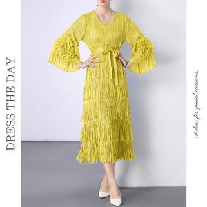 フラワーモチーフフリンジティアードドレス D0025