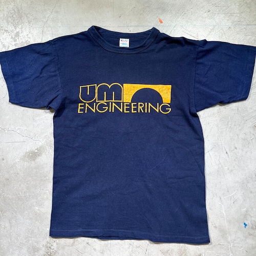 80's Champion チャンピオン カレッジTee UM ENGINEERING ミシガン大学工学部 ネイビー イエロー トリコタグ MEDIUM コットン100％ USA製 希少 ヴィンテージ BA-1966 RM2385H