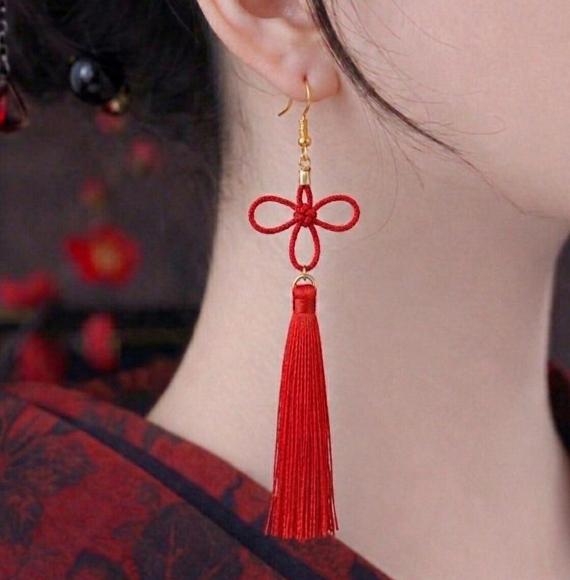 和風】几帳結びとタッセルのピアス（イヤリング）（青）【チャイナ