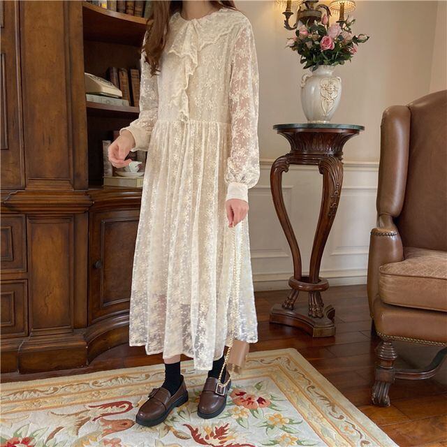 レース ワンピース 襟付き 長袖 総レース マキシロング丈 ロングワンピース ヴィンテージ レトロ フェミニン ガーリー フレンチレトロ 秋 春 Op 0474 Y Hapi Hapi Girl ハピ ガル