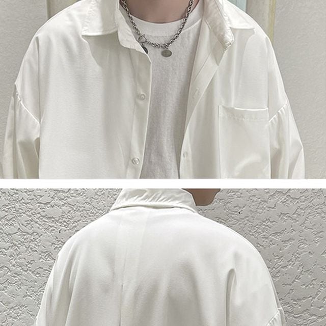 予約販売】シャツ 長袖 メンズ オーバーサイズ 無地 ベルト ブラック