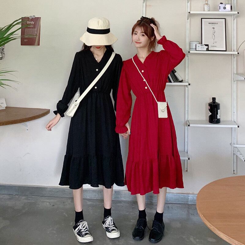 スカート スプリングオータムVネックパールバックルドレス レディース ロング 春物 秋物 真珠 萌量不足23505117735