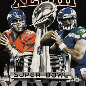 【AAA】NFL 2014 Super Bowl スーパーボウル プリント Tシャツ 両面プリント バックプリント 黒t 半袖 アメフト BRONCOS SEAHAWKS LARGE US古着