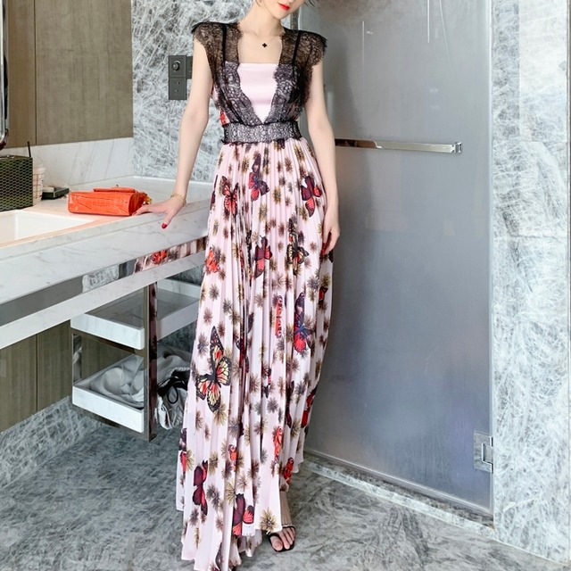 ワンピース レディース 春夏 秋冬 春 夏 秋 冬 花柄 蝶 ノースリーブ レース ドレス 花柄ワンピース マキシワンピース ワンピースドレス フラワー ロング丈ワンピ ドレスワンピース プリーツワンピース ロングワンピース ノースリーブ エレガント ピンク お呼ばれ 結婚式