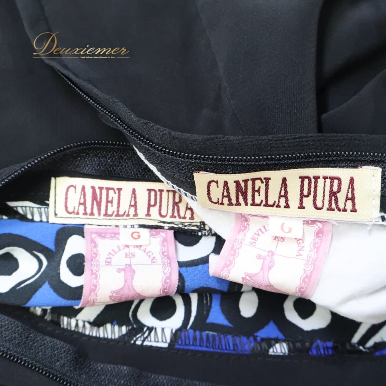 フラメンコ 衣装 CANELA PURA ツーピース セットアップ 上下セット ブラック系 ブルー系 ネイビー系 黒 青 紺 柄 模様 ボウタイ シック ダンス衣装 発表会 ステージ衣装 エレガント