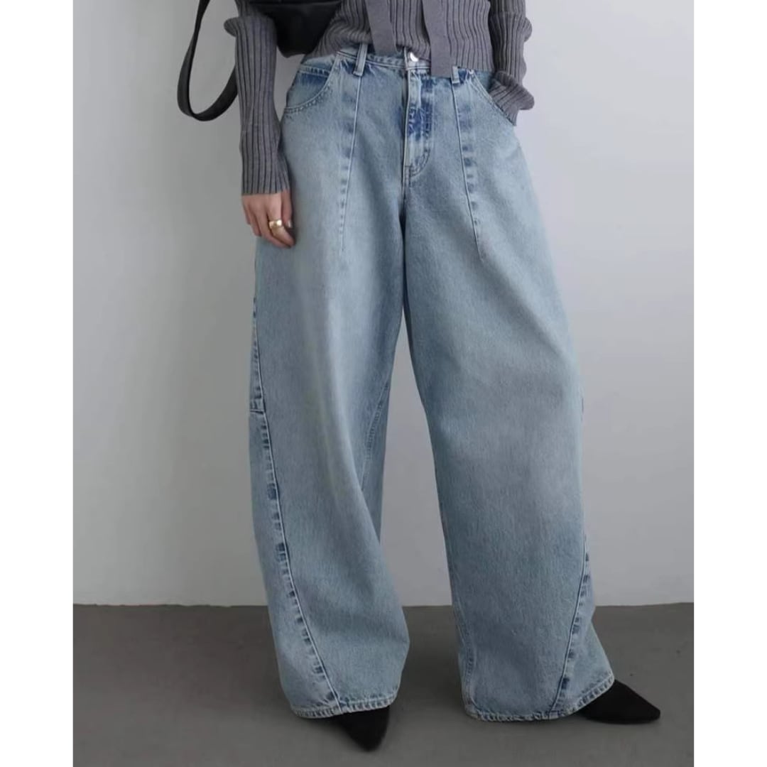 Washed cotton denim straight pants G1008