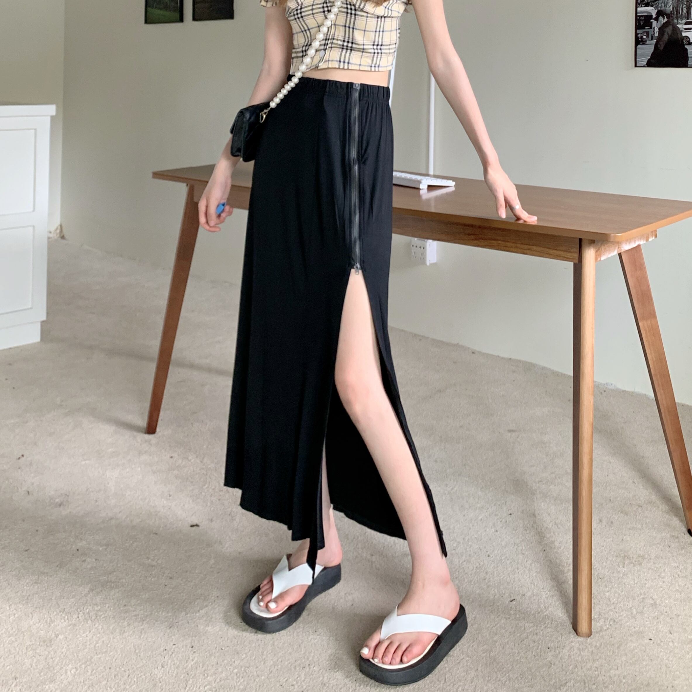 ブラックスリットスカート サマーロングAライン ハイウェスト 夏物 クレセントシティ73057015049