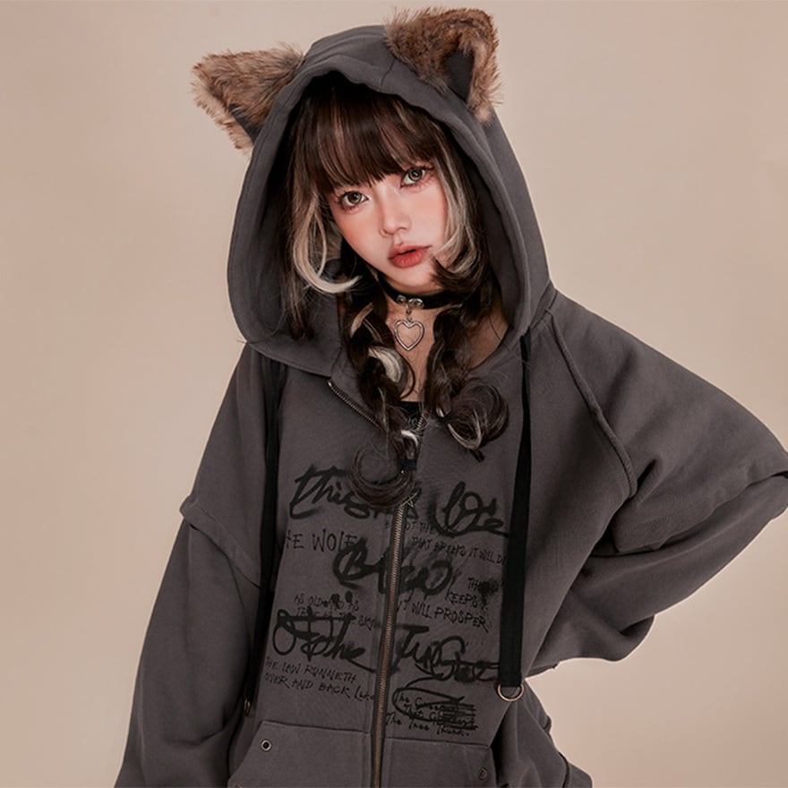 パンク フーディパーカー 猫耳 ZIPアップ 地雷系｜WithU | ゴスロリ