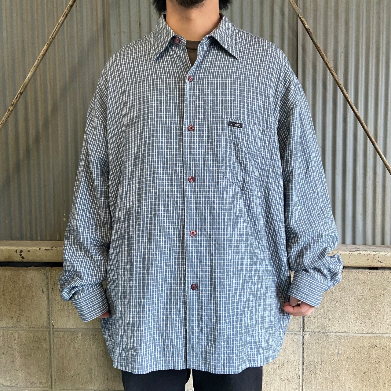 ビッグサイズ GUESS ゲス レーヨン チェックシャツ メンズ2XL 古着 