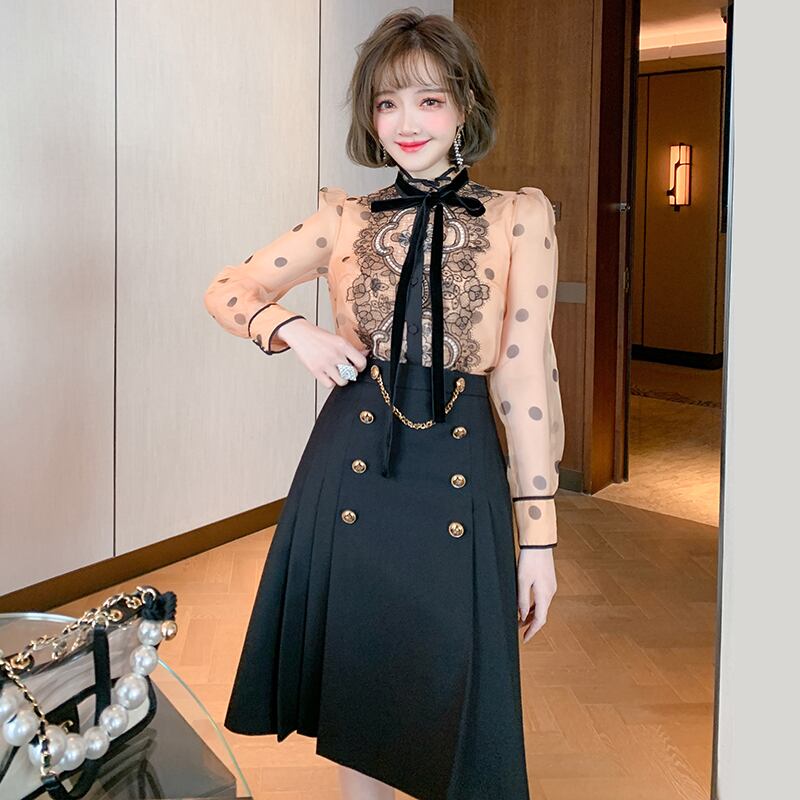 カラーレース水玉メッシュシャツ プリーツAラインスカート オータムスタイル 秋物 MIUCO76696226077