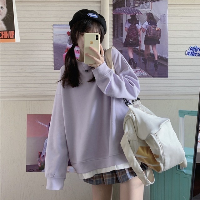 スプリングオータムラウンドネックセーター レディースルーズトップス 春物 秋物 Oネック パープル 萌量不足12953755734