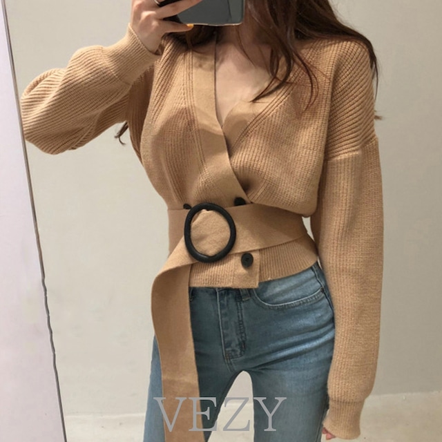 リブニット カーディガン リブニット カーディガン ショート丈 ウエストマーク ニットトップス Vネック カシュクール ニットセーター レディース ニット セーター lstpベジー VEZY ItemNo.【14655549 】