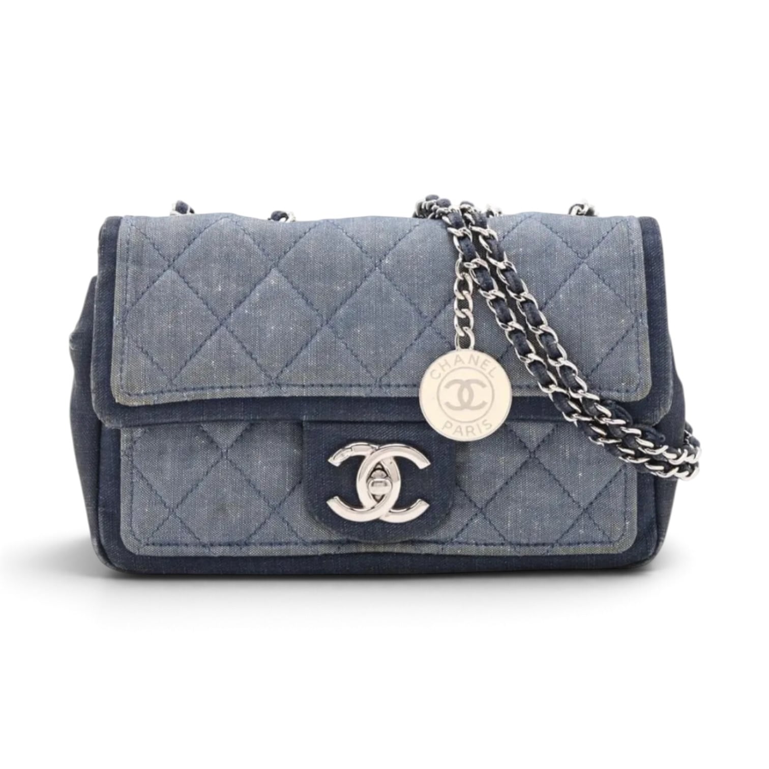 Rare◇CHANEL Matelasse Canvas Navy Single Flap Silver Hardware Double Chain Bag 19444695 19 1044