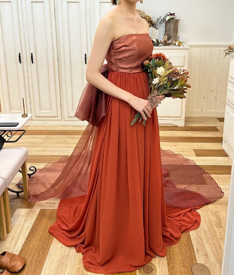 オーバードレス オレンジ 花モチーフ 背中見せ シースルー ロング  