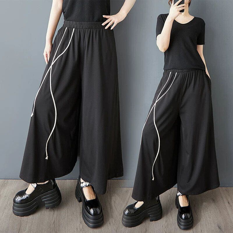 BLACK ELASTIC WAIST A-LINE WIDE LEG CROPPED DESIGN PANTS 1color M-16368