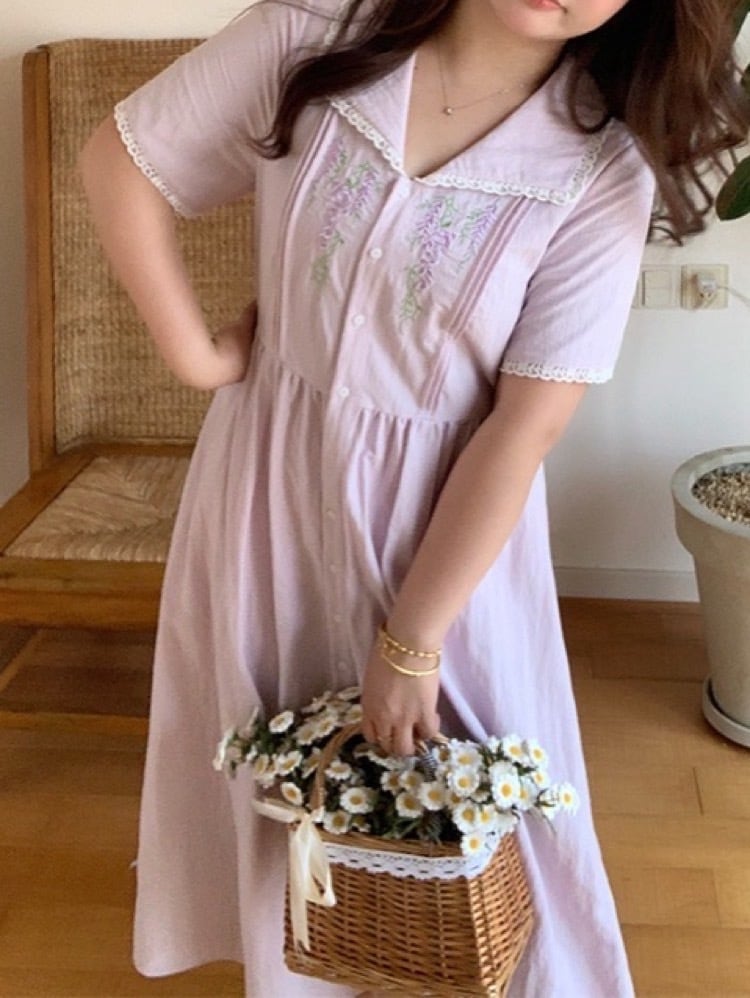 甘さも上品さも ラベンダー花刺繍ワンピ 襟付き フレンチガーリー 半袖