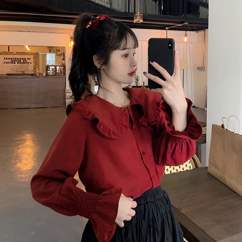 カラースリーブシャツ スプリングスタンダードブラウス ロング レトロ 春物 スーパーモール70991372908