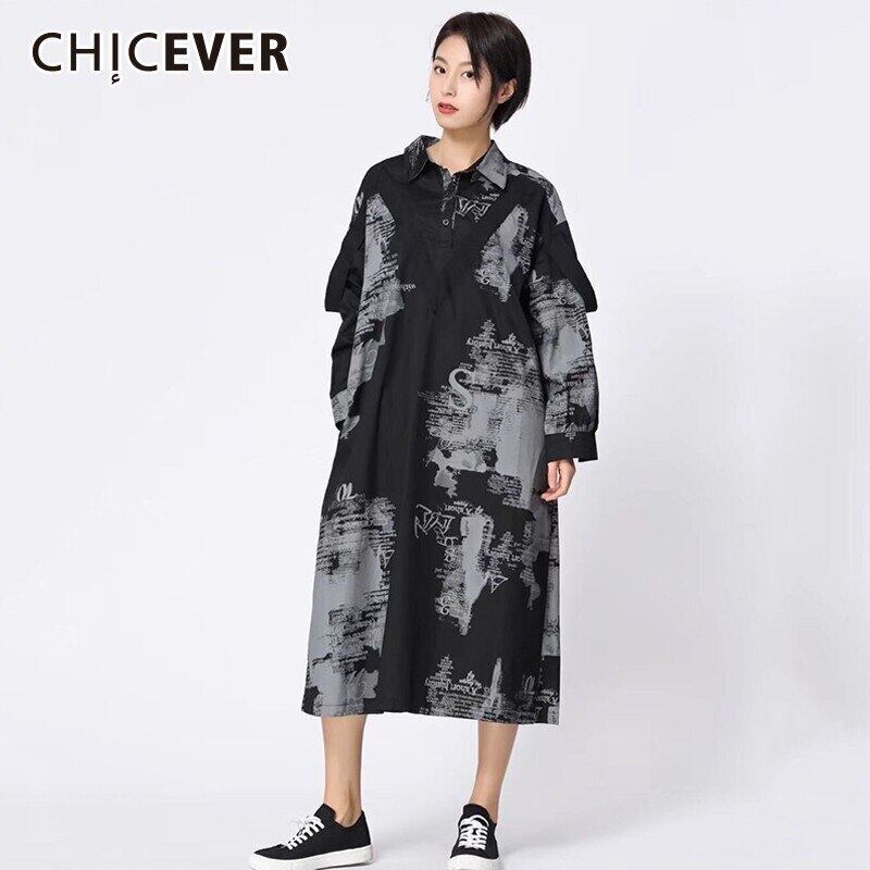 CHICEVERレタープリントレディースドレスラペル長袖ルーズオーバーサイズリボンヒットカラーミディド​​レス洋服タイド ロング 6base516322996804