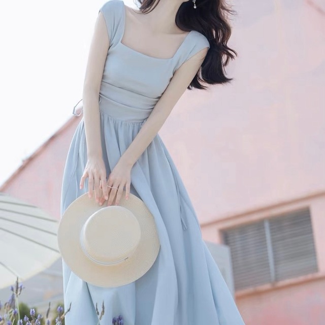 スクエアネックノースリーブロングワンピース✽L023