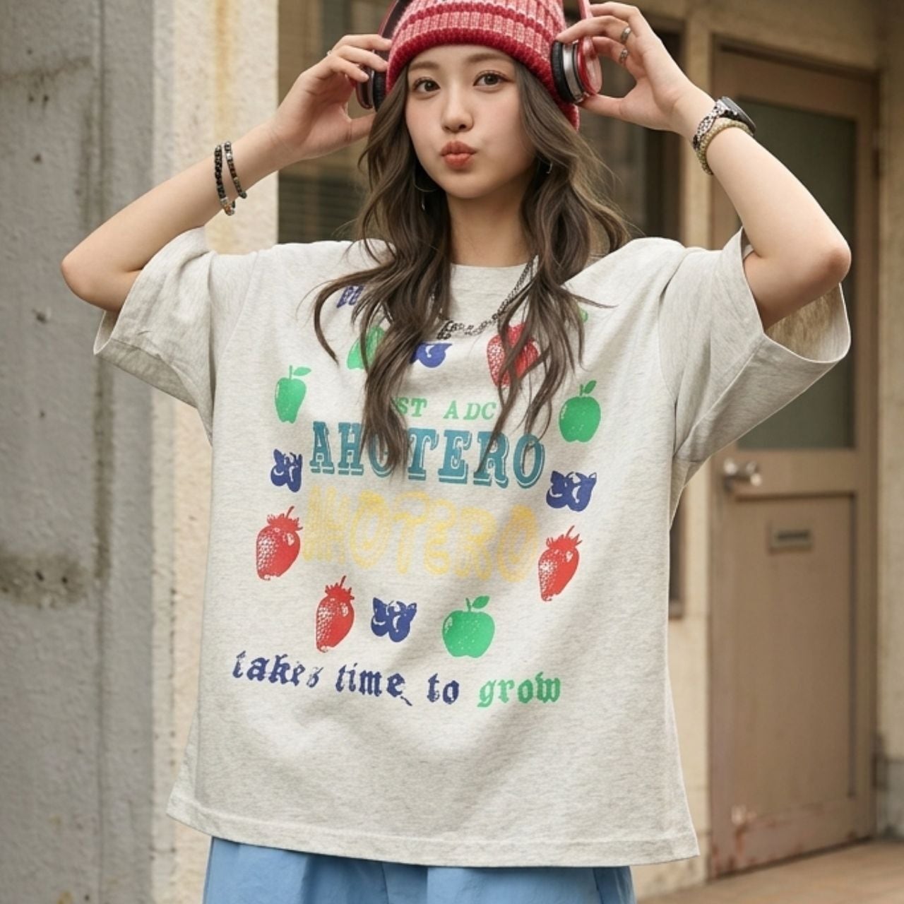 フルーツレタープリントルーズフォルムTシャツ 2col R02073