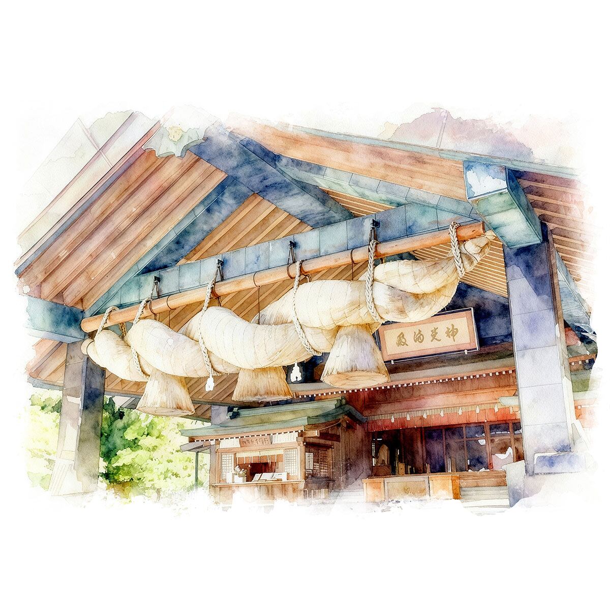 絵画(風景画) 日本 島根県 出雲大社神楽殿 インテリアアート額付き 水彩画・油絵調 WAT1296