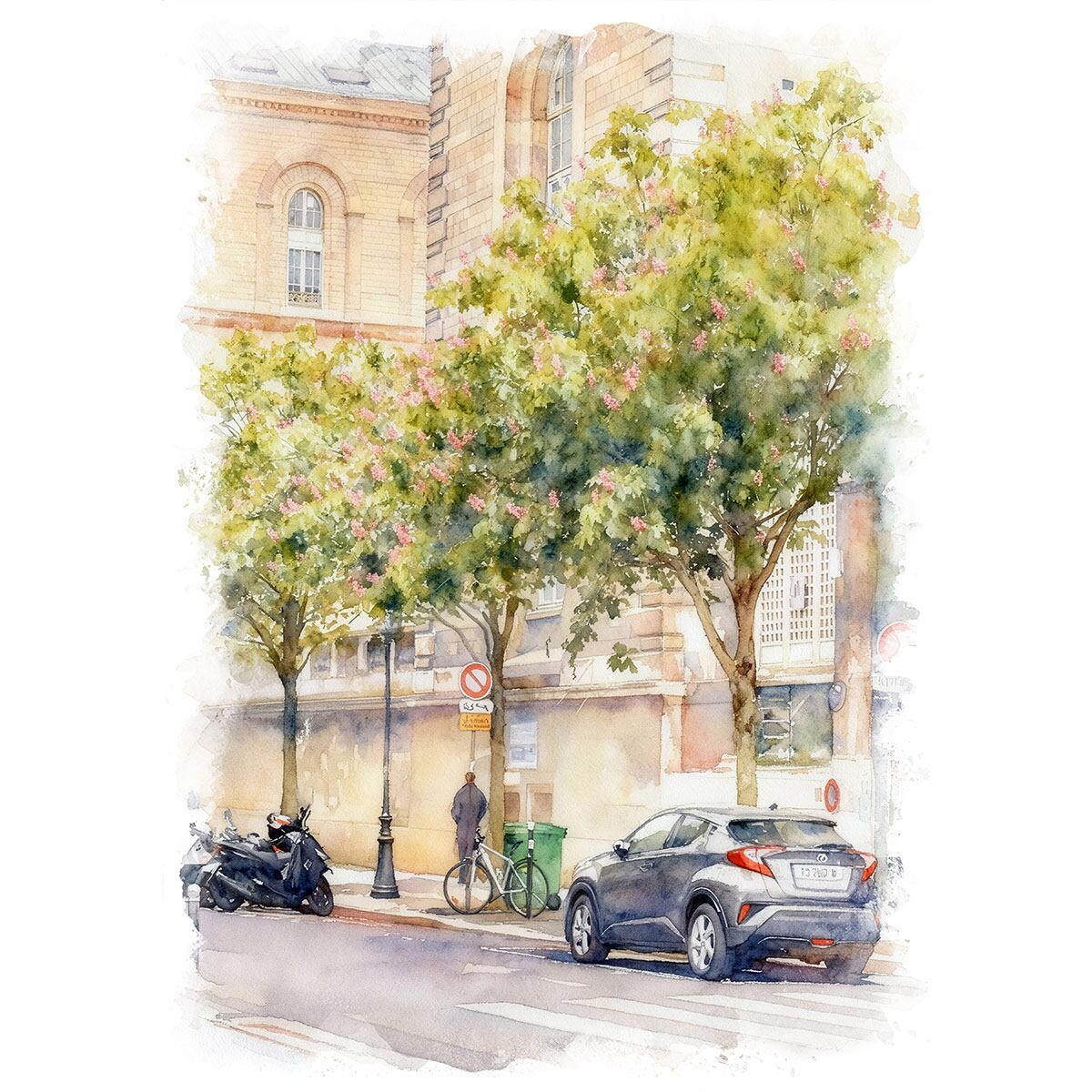 絵画 風景画(街並み) フランス パリ 駐車された車 インテリアアート額付き 水彩画・油絵調 WAT0698