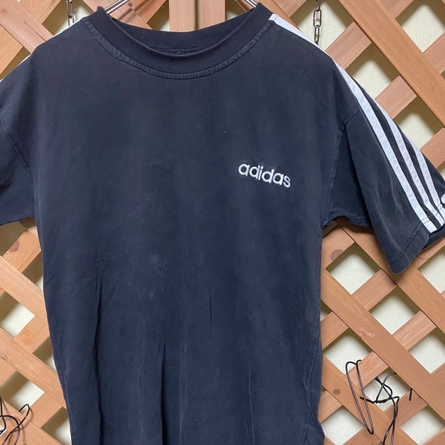 adidas ブラック tシャツ 3本ライン 刺繍タグ ヴィンテージ 90s