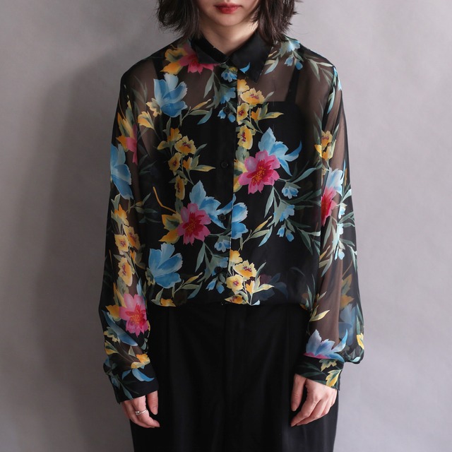black base colorful flower l/s see-through shirt