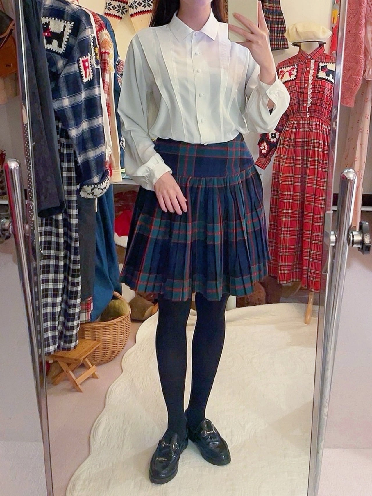 green check pleats mini skirt