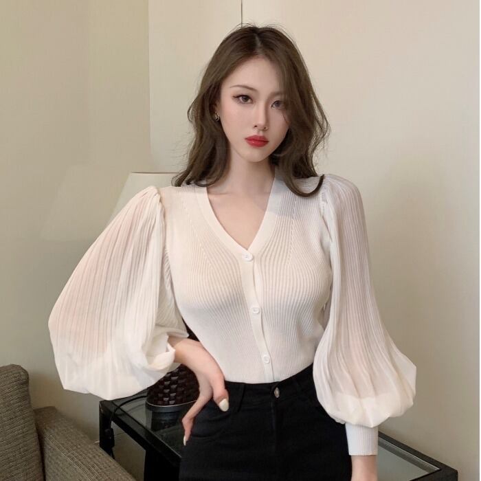 オータム薄手ニットセーター Vネックメッシュスリーブカーディガントップス レディース ロング ランタンスリーブ 秋物 ドラファッションホール52874068915