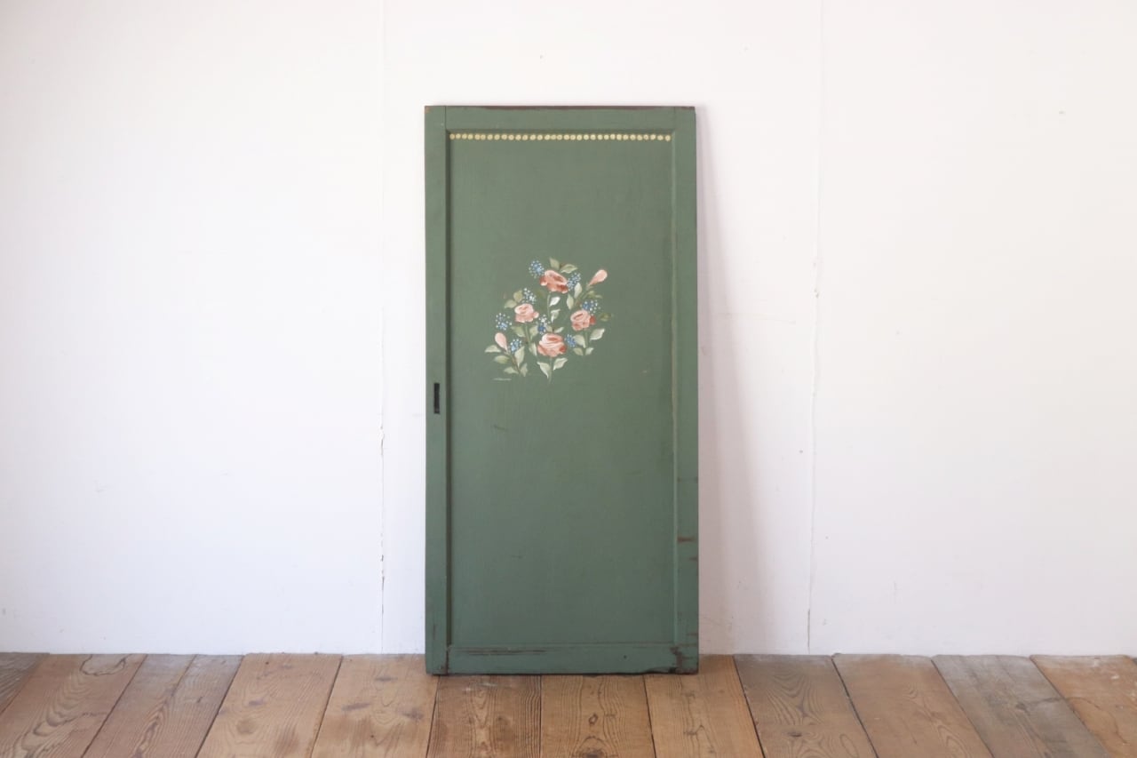 レトロ 建具 扉 引き戸 ドア ペイント 緑 グリーン 花柄 木製 ヴィンテージ 2