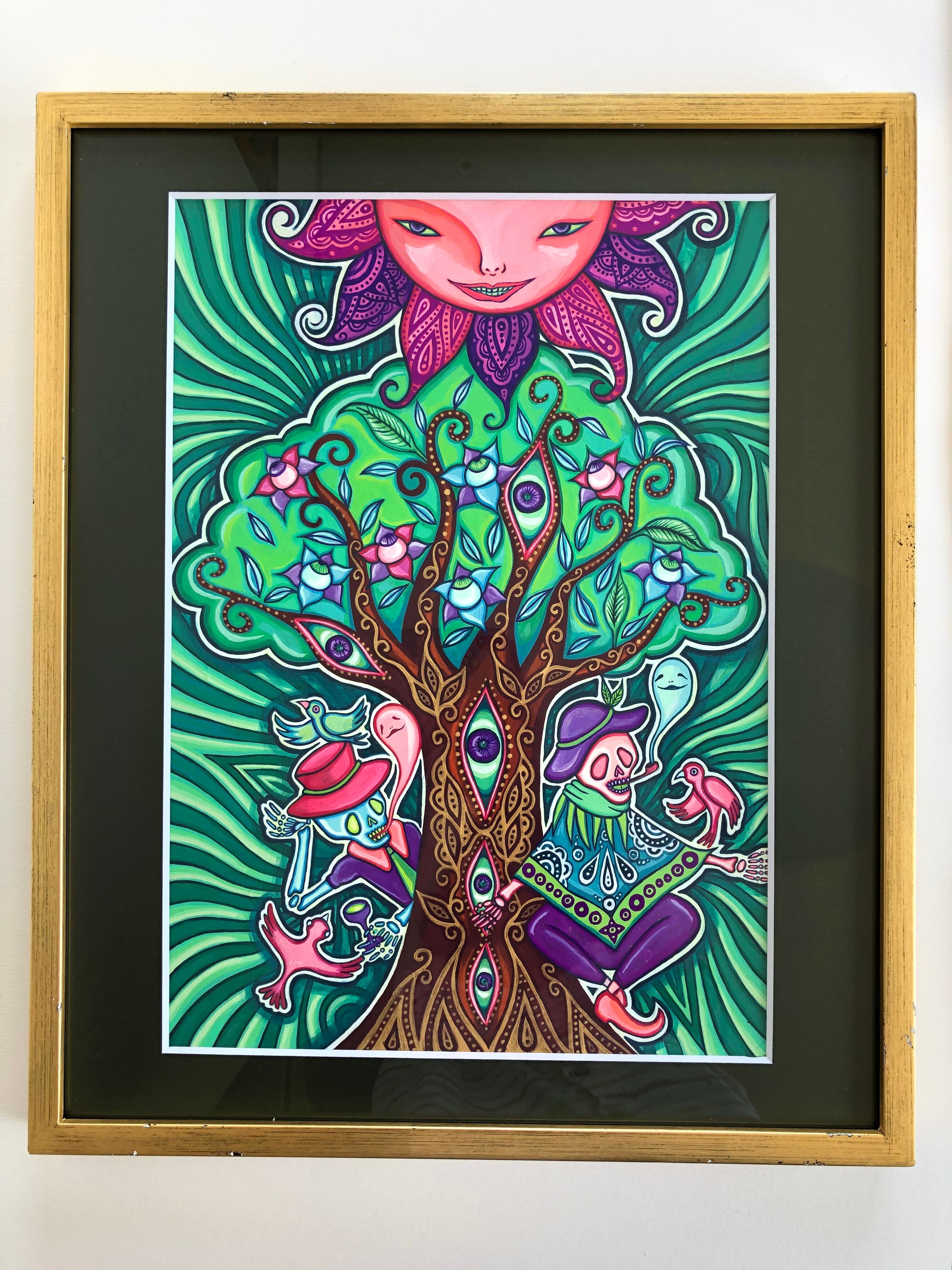 鳥　原画　飛ぶ　白い鳥　絵画　アクリル　ガッシュ　明るい カラフルな鳥の絵 手描き ポップアート アクリル画 【 青い鳥