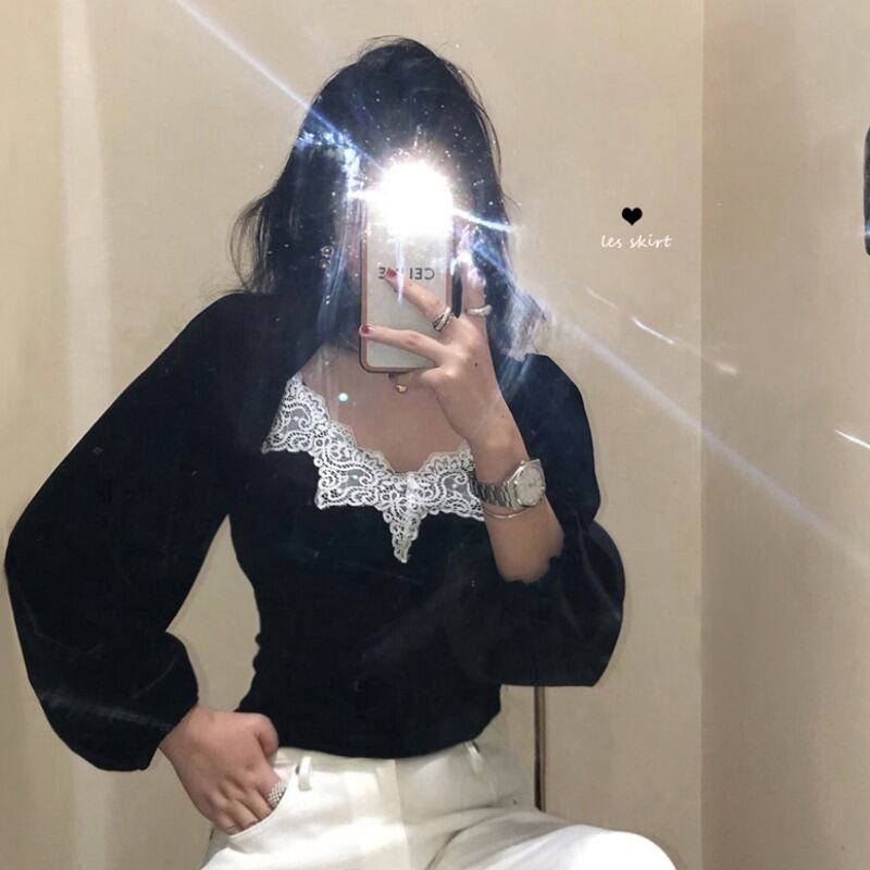 レースベルベットシャツ スタンダードスプリングブラックトップス ロング レトロ 春物 ブラックストロベリース91858439862