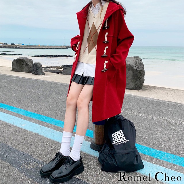 お支払い確認後日以内発送 Romelcheo ウール ダッフル コート ロング フード付き パーカー 赤 黒 きれいめ シンプル 定番 カジュアル 秋冬 ストリート系 韓国 オルチャン ファッション 通学 通勤 アウター ロメルチェオ Romelcheo