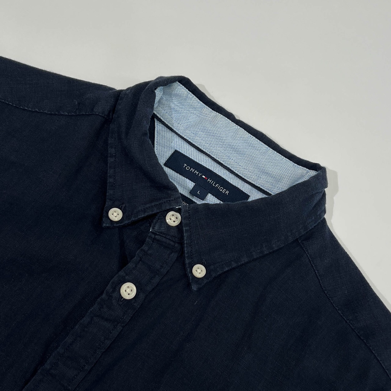 リネン100% TOMMY HILFIGER トミーフィルフィガー BD ボタンダウン 長袖シャツ L/ネイビー メンズ 麻