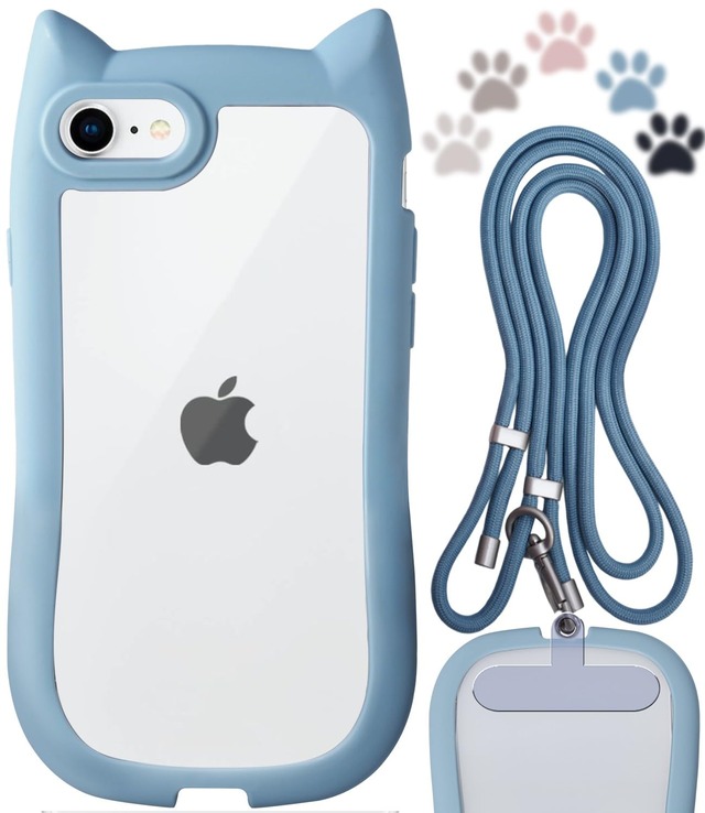 LIISEA ケース ストラップ付き クリア 猫耳 可愛い iPhone SE(2/3) ケース ショルダー ストラップ付き スマホケース iPhone 8 ケース クリアブルー